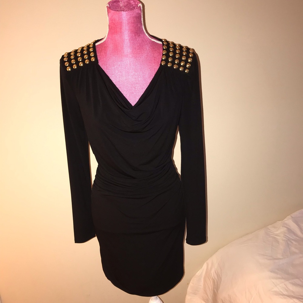 Michael Kors Black and Gold Studded Shoulder Dress